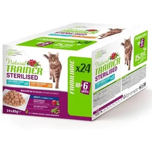 Natural trainer Adult Sterilised Gatto (Tacchino-Merluzzo) - umido 24x85g