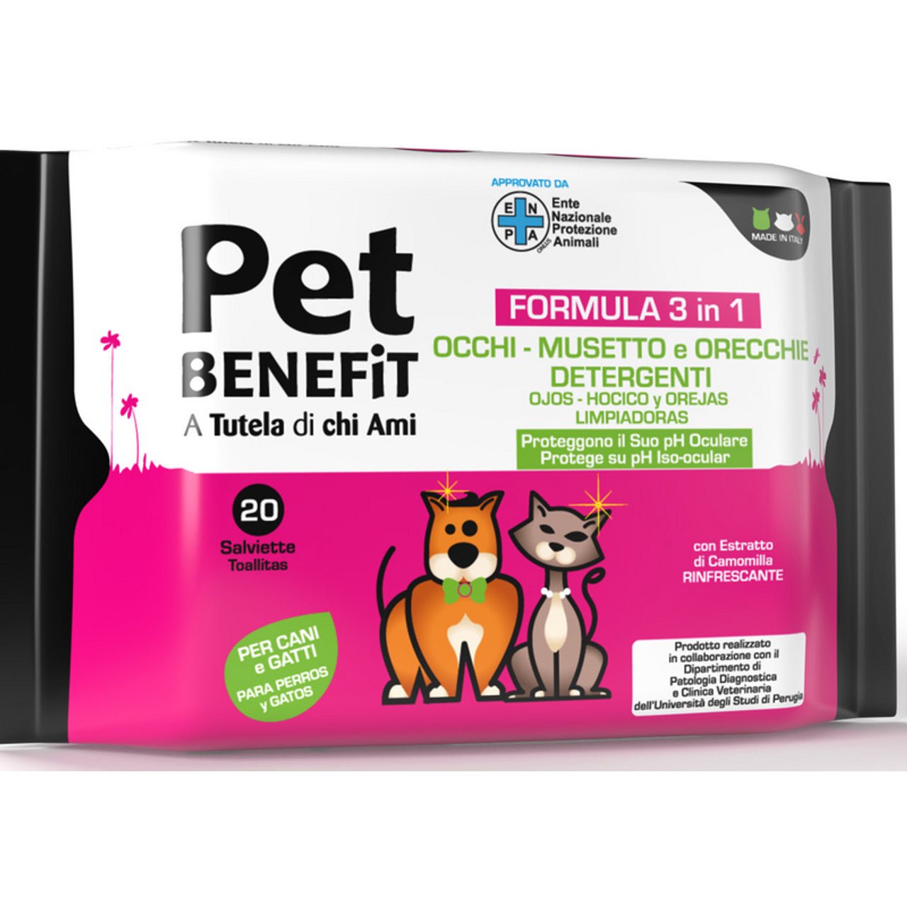 Pet benefit salviette detergenti occhi, musetto, orecchie per cani e gatti 20 pezzi - Sudpetfood